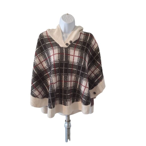 Talbots XS Plaid Wool Blend Poncho Cape Sweater Cream Black Red Preppy Cozy - Picture 1 of 8